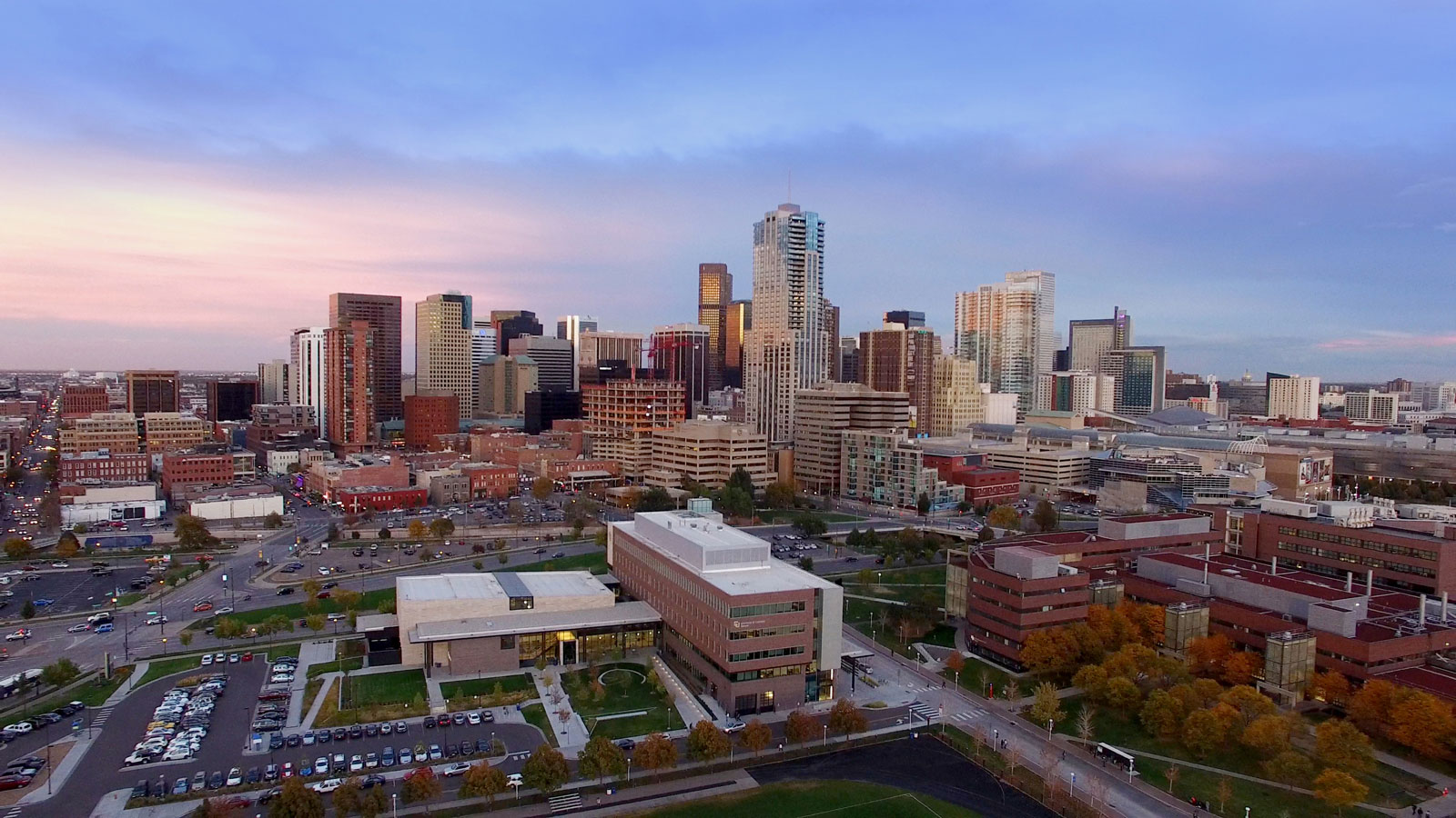 Aerial view of the CU Denver campus with downtown Denver in the background