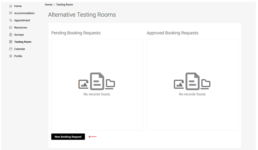 Screenshot 2026-08-26 092503 Screenshot of the Alternative Testing Rooms page with the “New Booking Request” button highlighted.