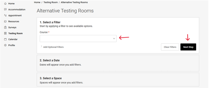 Screenshot 2026-08-26 093125 Screenshot of the Alternative Testing Rooms page highlighting the Course dropdown and “Next Step” button.