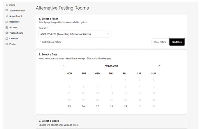 Screenshot 2026-08-26 093834 Screenshot of the Alternative Testing Rooms page showing a selected course and the exam date calendar.