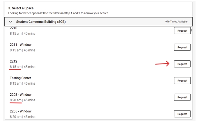 Screenshot 2026-08-26 094733 Alt text for Screenshot of available testing rooms and times, with a “Request” button highlighted.