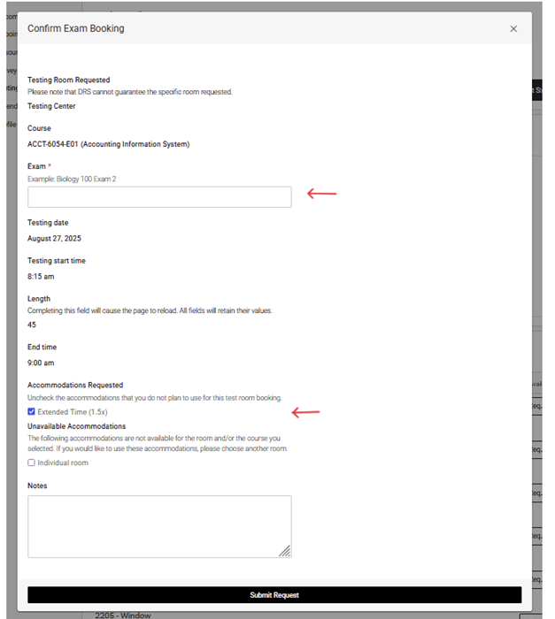 Screenshot 2026-08-26 095314 Screenshot of the Confirm Exam Booking page highlighting the exam name field and accommodations section.
