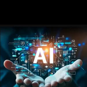 Two hands outstretched and open with tech graphics floating above and the letters 