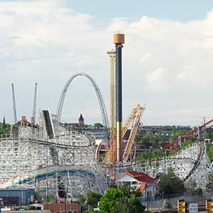 View of a theme park with rollercoasters.
