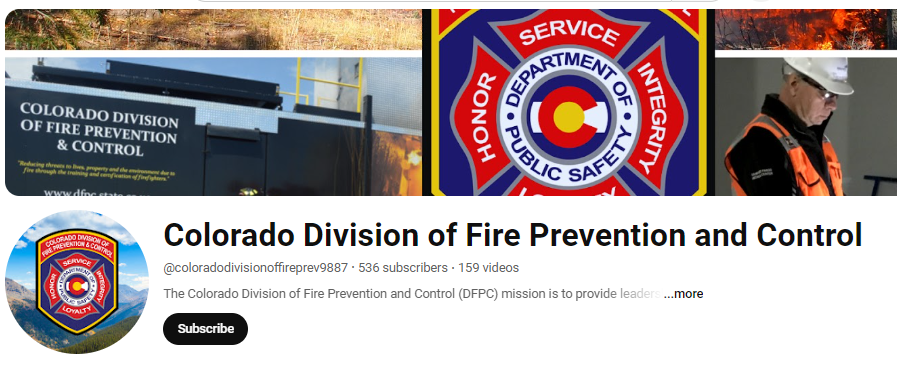 Colorado State Fire YouTube Profile with Subscribe button