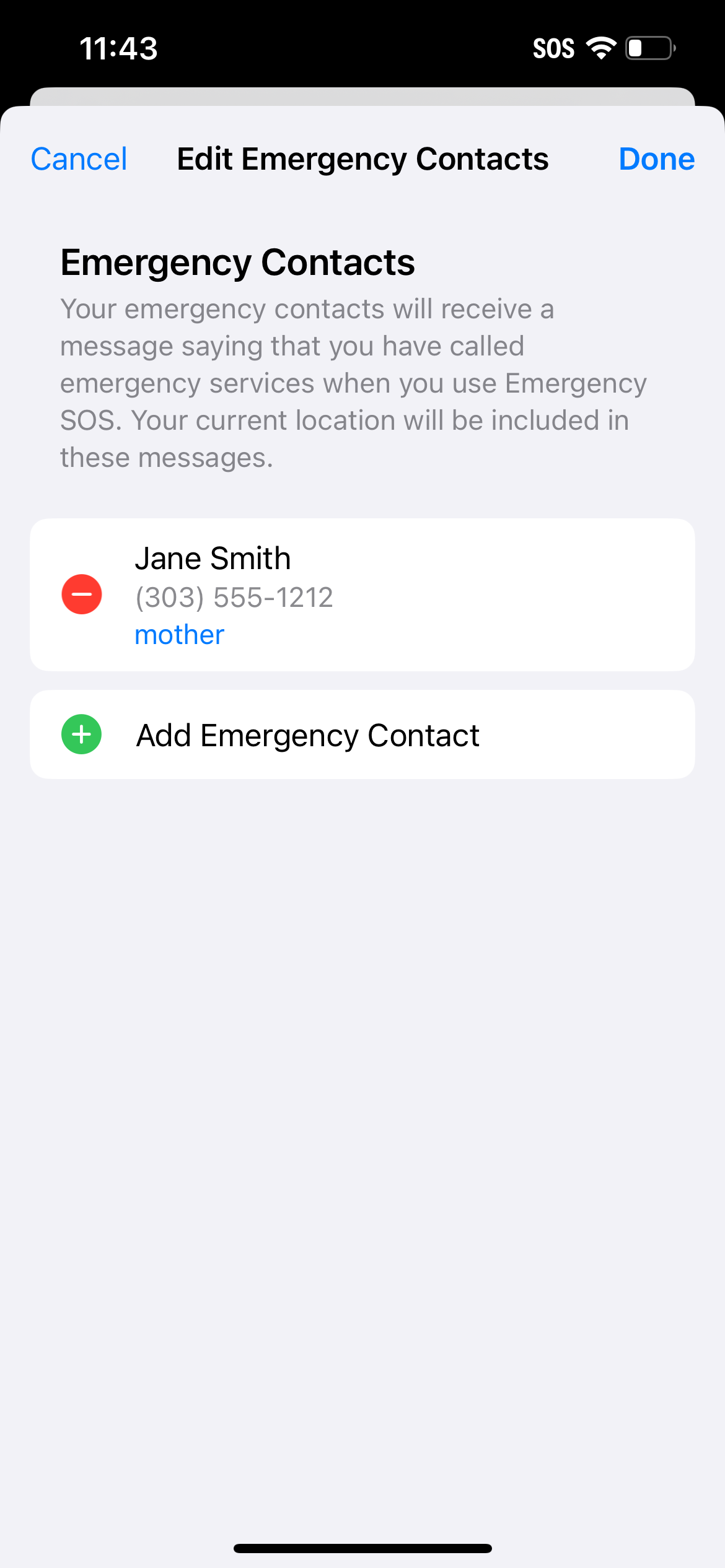 iOS emergency contact screen