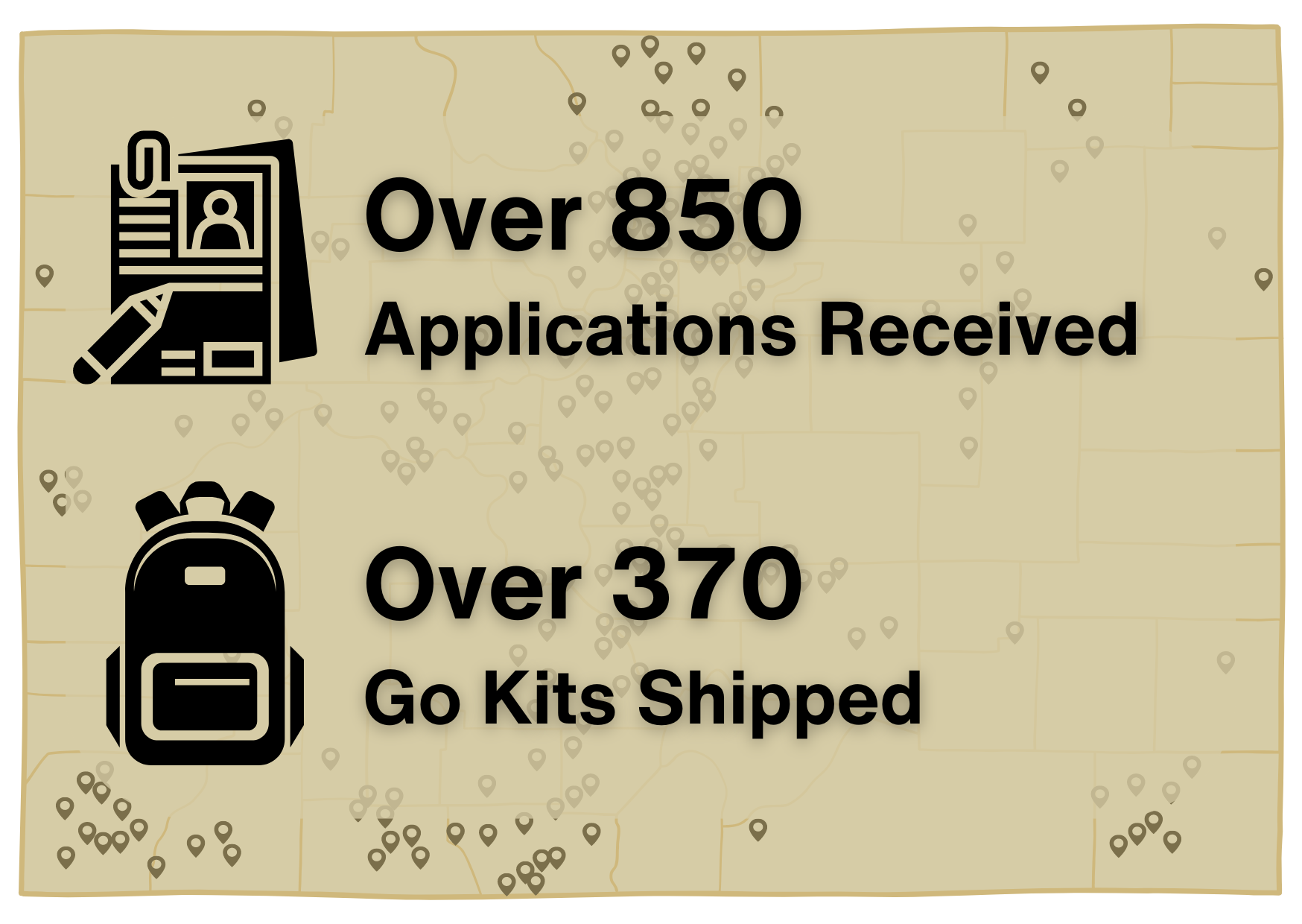 Map of Colorado - Over 850 Applications Recieved. Over 370 Go Kits Shipped.