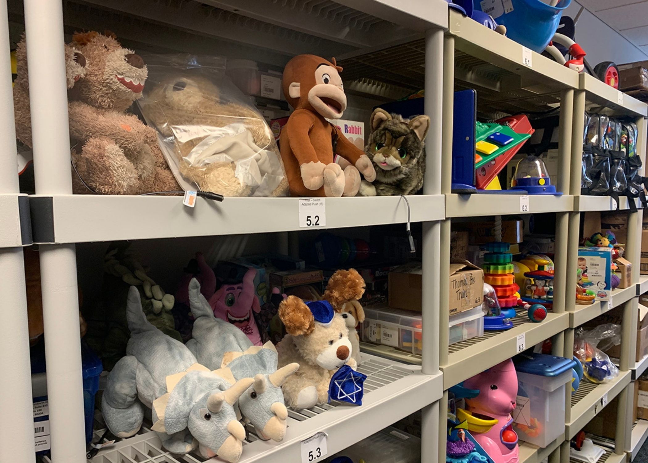 Loan Library Shelves stocked with switch-adapted toys