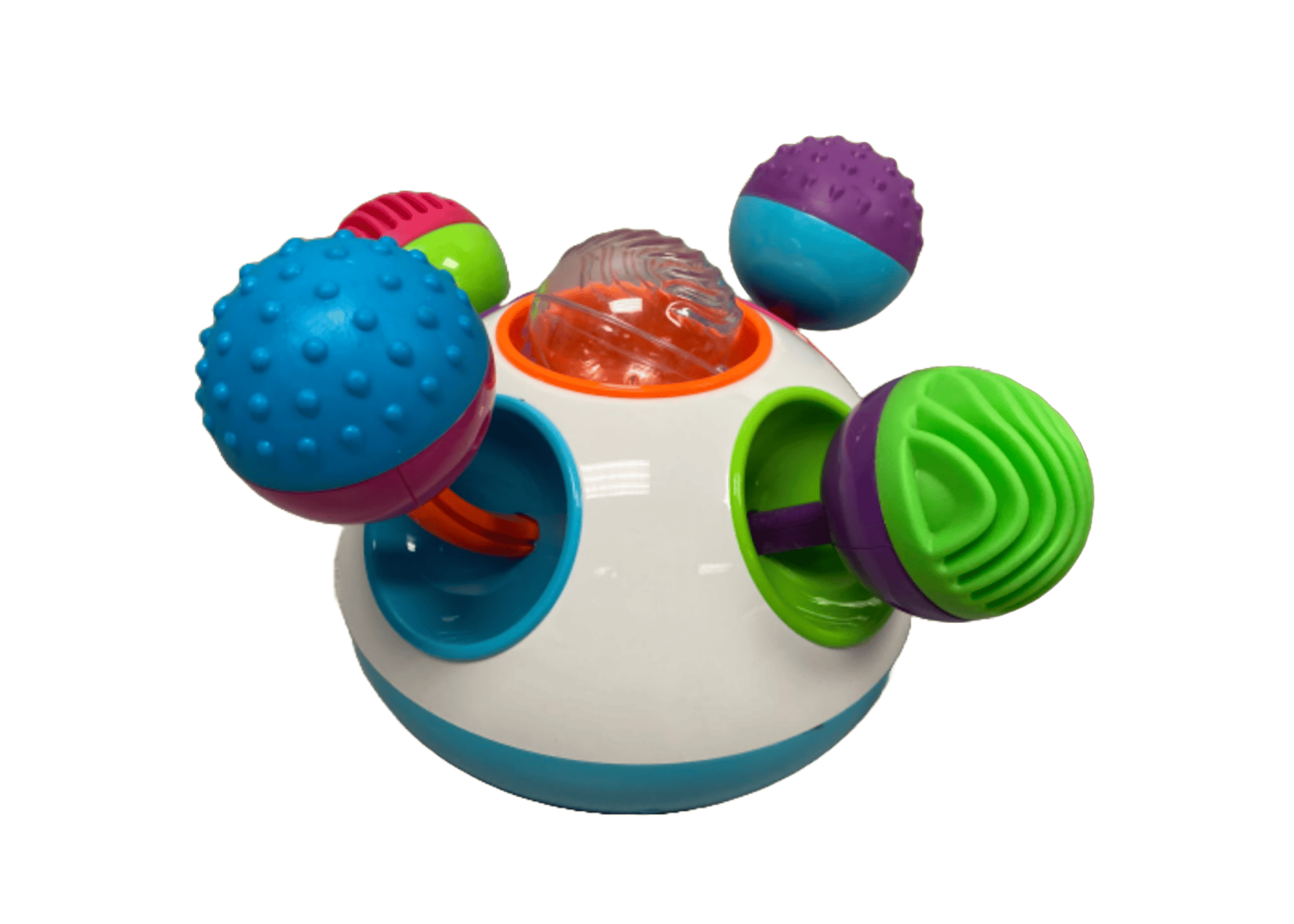 A round sensory toy with several textured balls attached to the top
