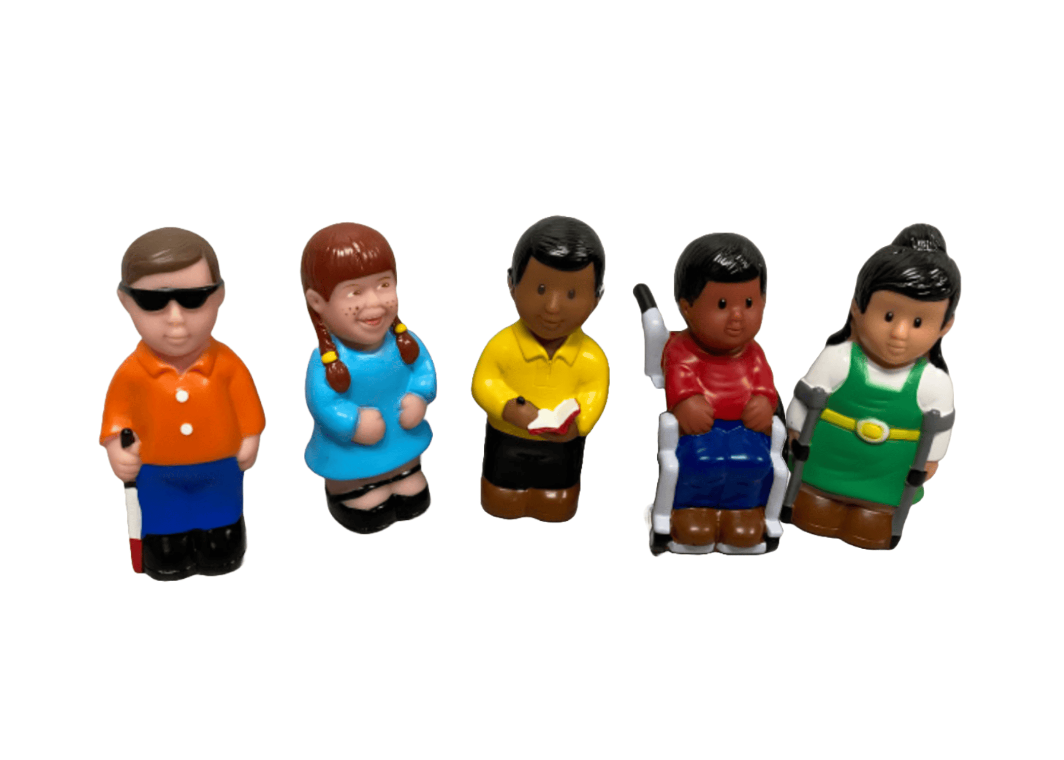 A set of small, cartoon-like pastic figurines, representing diverse children