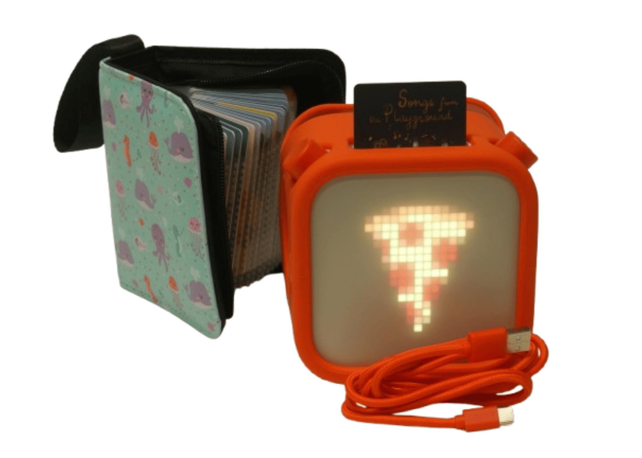 A child's toy with pixelated light pictures and a set of picture cards