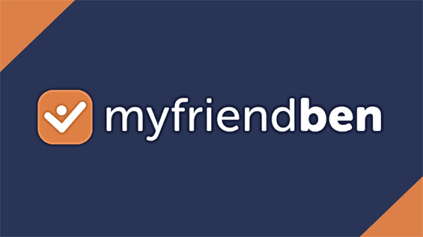 The myfriendben logo featuring the lowercase brand name in white text next to an orange square icon containing a stylized white checkmark that resembles a person with raised arms, all set on a dark blue background with orange corners.