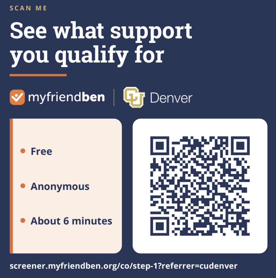 A myfriendben and CU Denver flyer with a QR code to scan to 