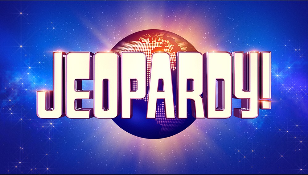 the word Jeopardy in front of a globe and a blue background